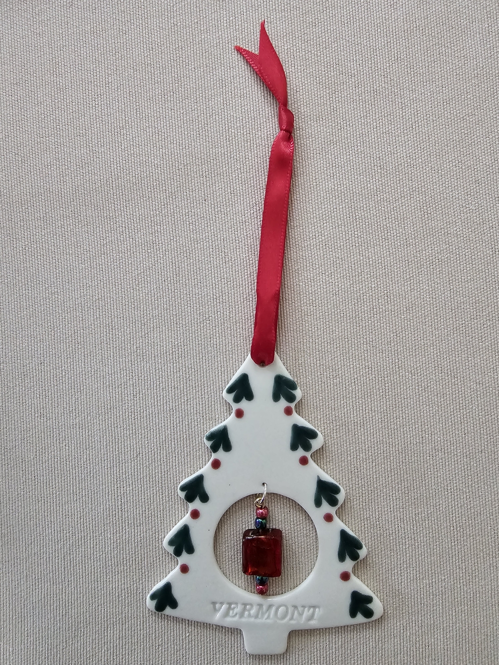 White Ceramic Christmas Tree Ornament with Red Ribbon